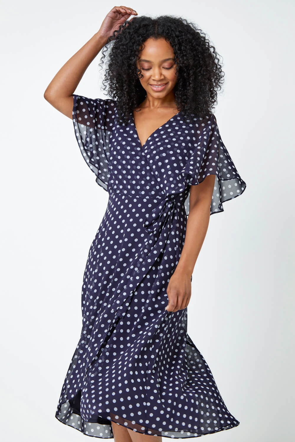 Navy Petite Polka Dot Cape Dress