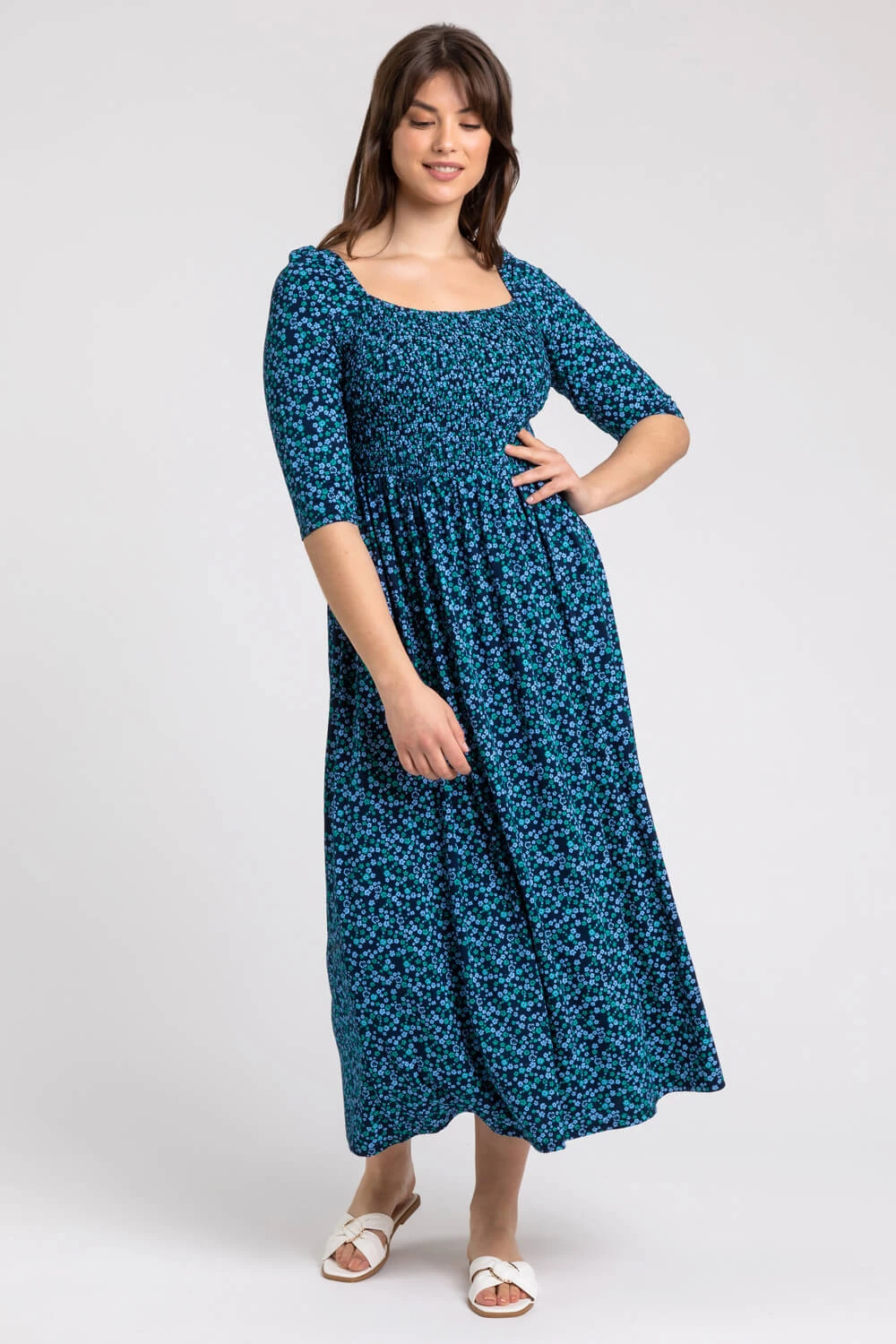 Blue Curve Ditsy Floral Shirred Midi Dress 3 Blue Curve Ditsy Floral Shirred Midi Dress