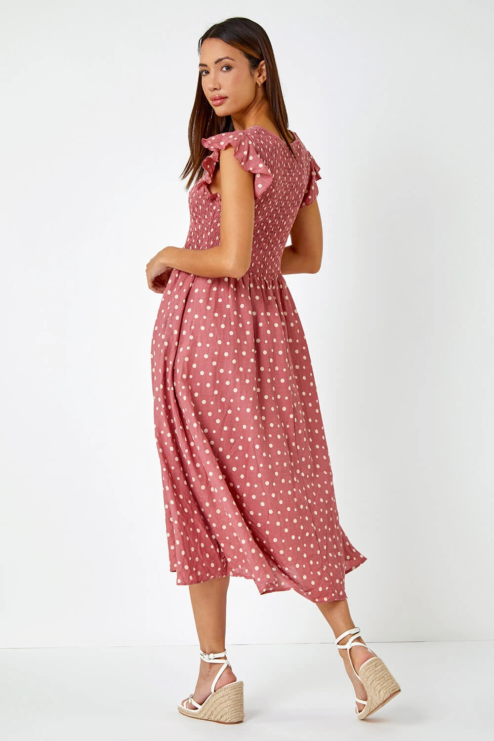 Pink Frill Sleeve Spot Shirred Midi Dress 5 Pink Frill Sleeve Spot Shirred Midi Dress - Image 3