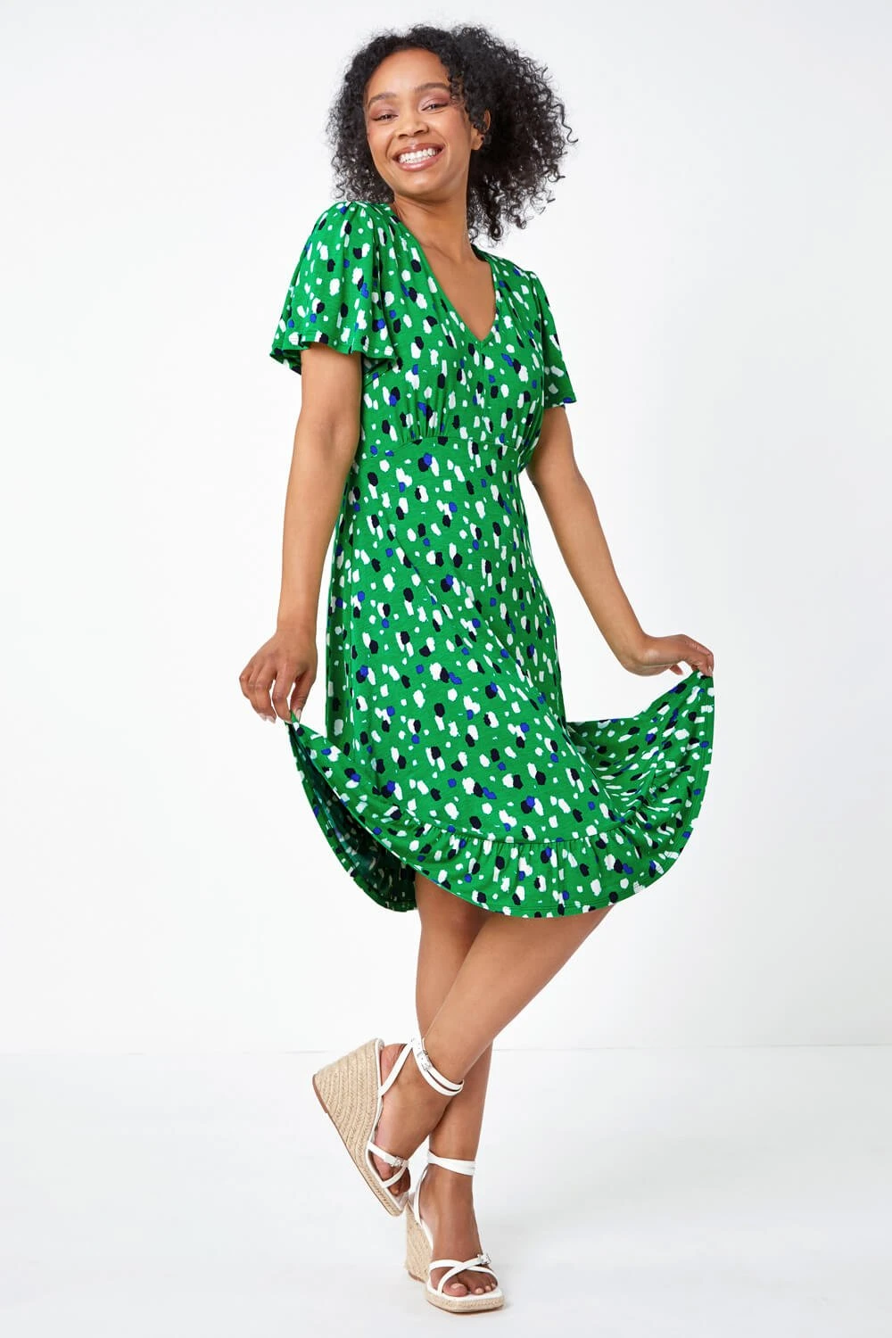 Green Petite Spot Frill Hem Stretch Dress 3 Green Petite Spot Frill Hem Stretch Dress