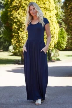Navy Gathered Skirt Maxi Dress