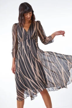 Black Abstract Print Wrap Midi Dress