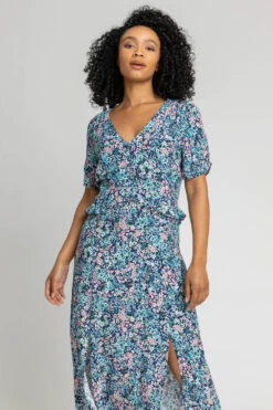 Blue Petite Floral Frill Detail Midi Dress