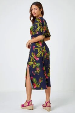 Pink Tropical Print Stretch Midi Dress -Dress Haven Sales Store 92d66125 a376 496c be96 928876fbdd08