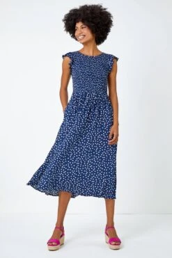 Navy Frill Sleeve Spot Shirred Midi Dress