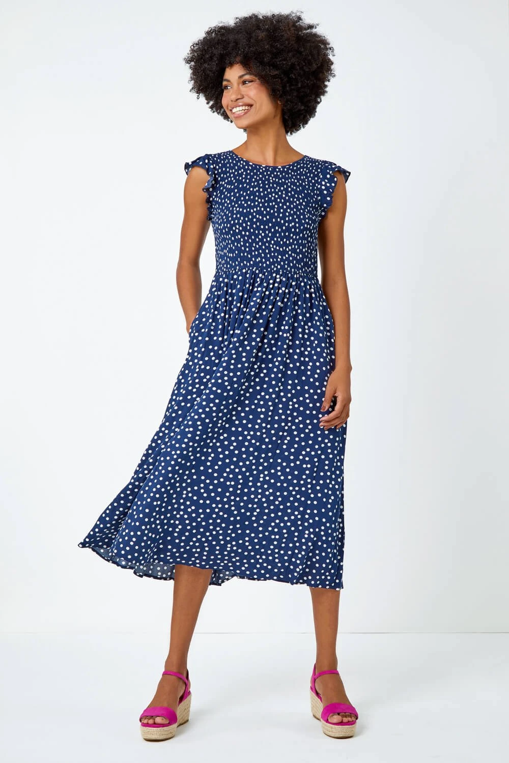 Navy Frill Sleeve Spot Shirred Midi Dress 3 Navy Frill Sleeve Spot Shirred Midi Dress