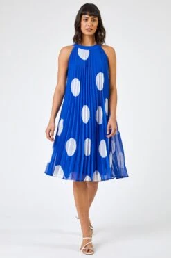 Royal Blue High Neck Spot Pleated Swing Dress -Dress Haven Sales Store 93c94c42 a8cb 4ca5 b91f 44c21b11060a