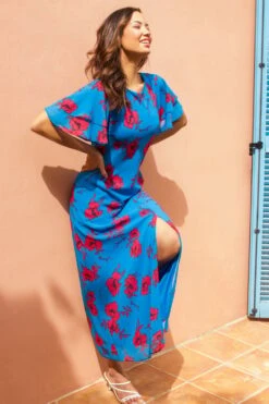 Blue Floral Tiered Sleeve Maxi Dress