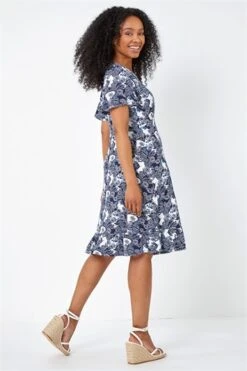 Blue Petite Floral Ruched Stretch Tea Dress -Dress Haven Sales Store 97736e25 88d3 4c5c 8a8e 80d3847a8af7
