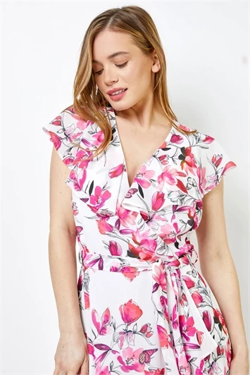 Pink Petite Floral Print Cape Midi Dress 3 Pink Petite Floral Print Cape Midi Dress