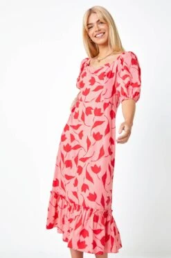 Pink Floral Print Frill Hem Midi Dress -Dress Haven Sales Store 9a255c8a c576 45f1 808e cc82bae279e4