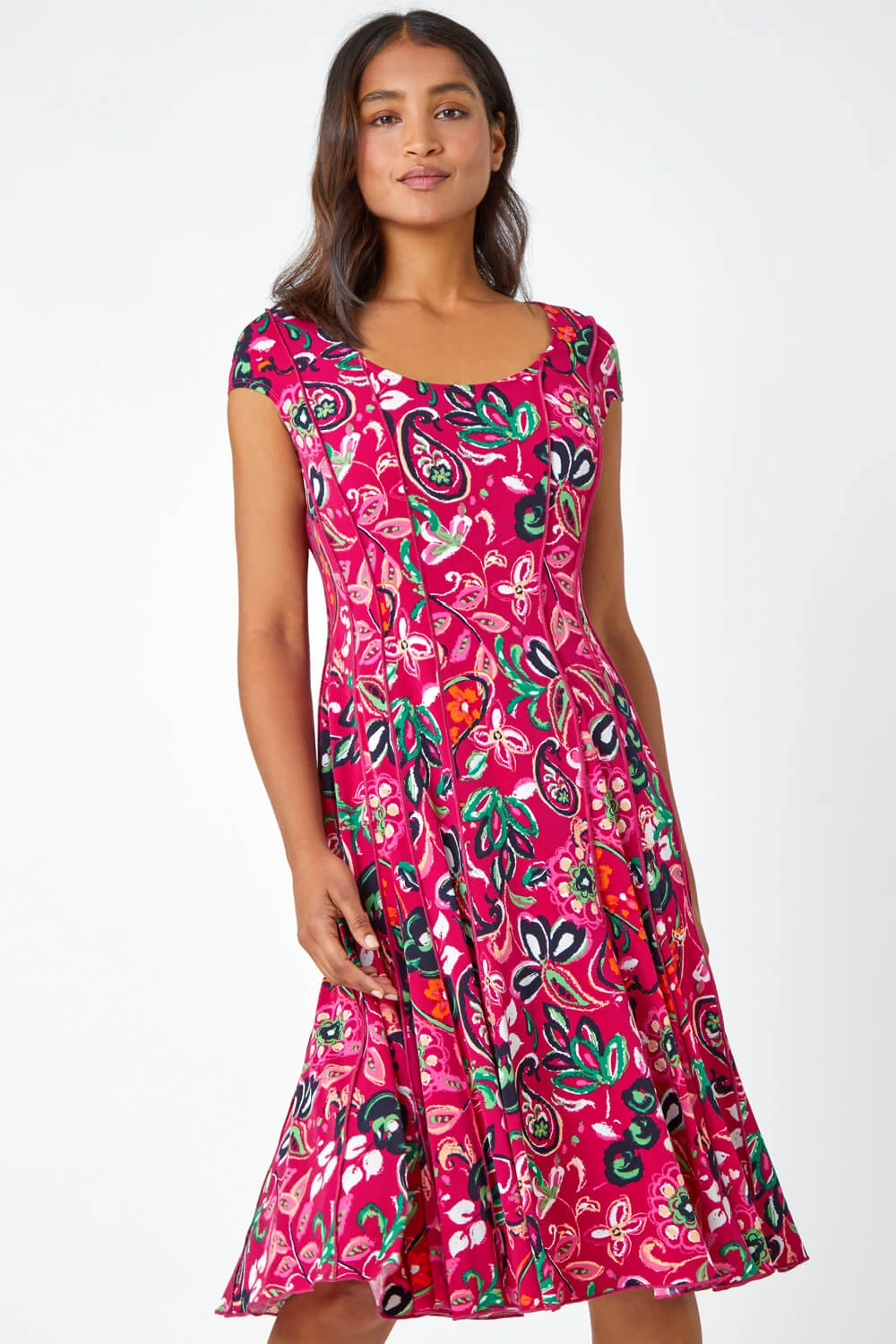 Fuchsia Paisley Print Panelled Stretch Dress 3 Fuchsia Paisley Print Panelled Stretch Dress
