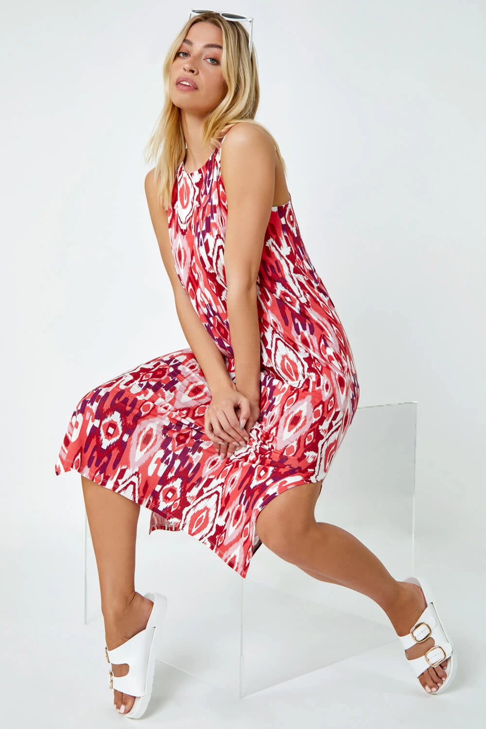 Red Sleeveless Aztec Print Midi Stretch Dress 3 Red Sleeveless Aztec Print Midi Stretch Dress