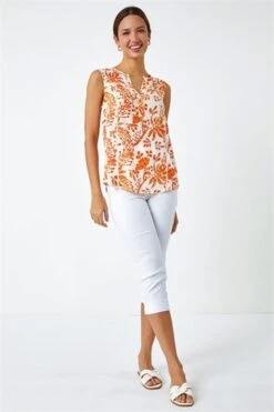 Orange Sleeveless Floral Print Shirred Dress -Dress Haven Sales Store 9bc4c532 4c9b 4cf5 b84e 2bbf4e256d6d