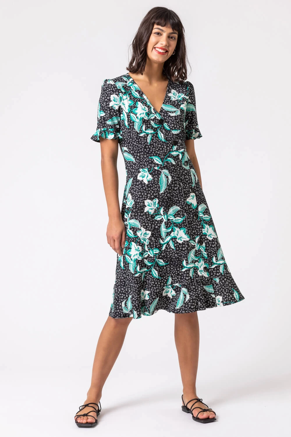 Black Floral Side Button Tea Dress 5 Black Floral Side Button Tea Dress - Image 3