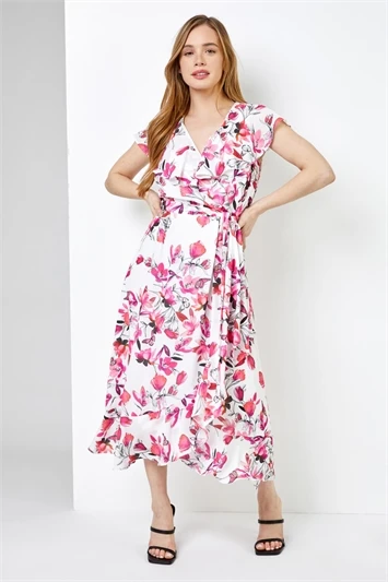 Pink Petite Floral Print Cape Midi Dress 5 Pink Petite Floral Print Cape Midi Dress - Image 3