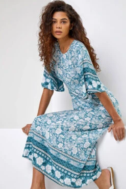 Light Blue Floral Border Print Midi Dress -Dress Haven Sales Store a24c6e5f bad5 4512 b25c fe0f3a9d4738