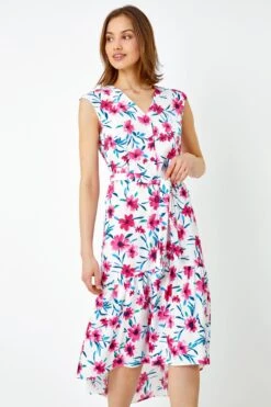 Pink Sleeveless Floral Frill Hem Midi Dress