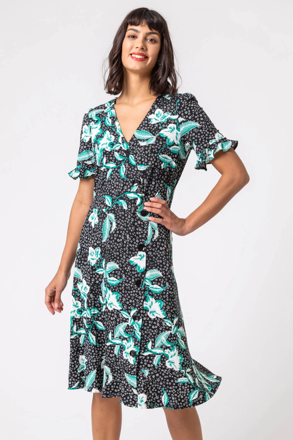 Black Floral Side Button Tea Dress 7 Black Floral Side Button Tea Dress - Image 5