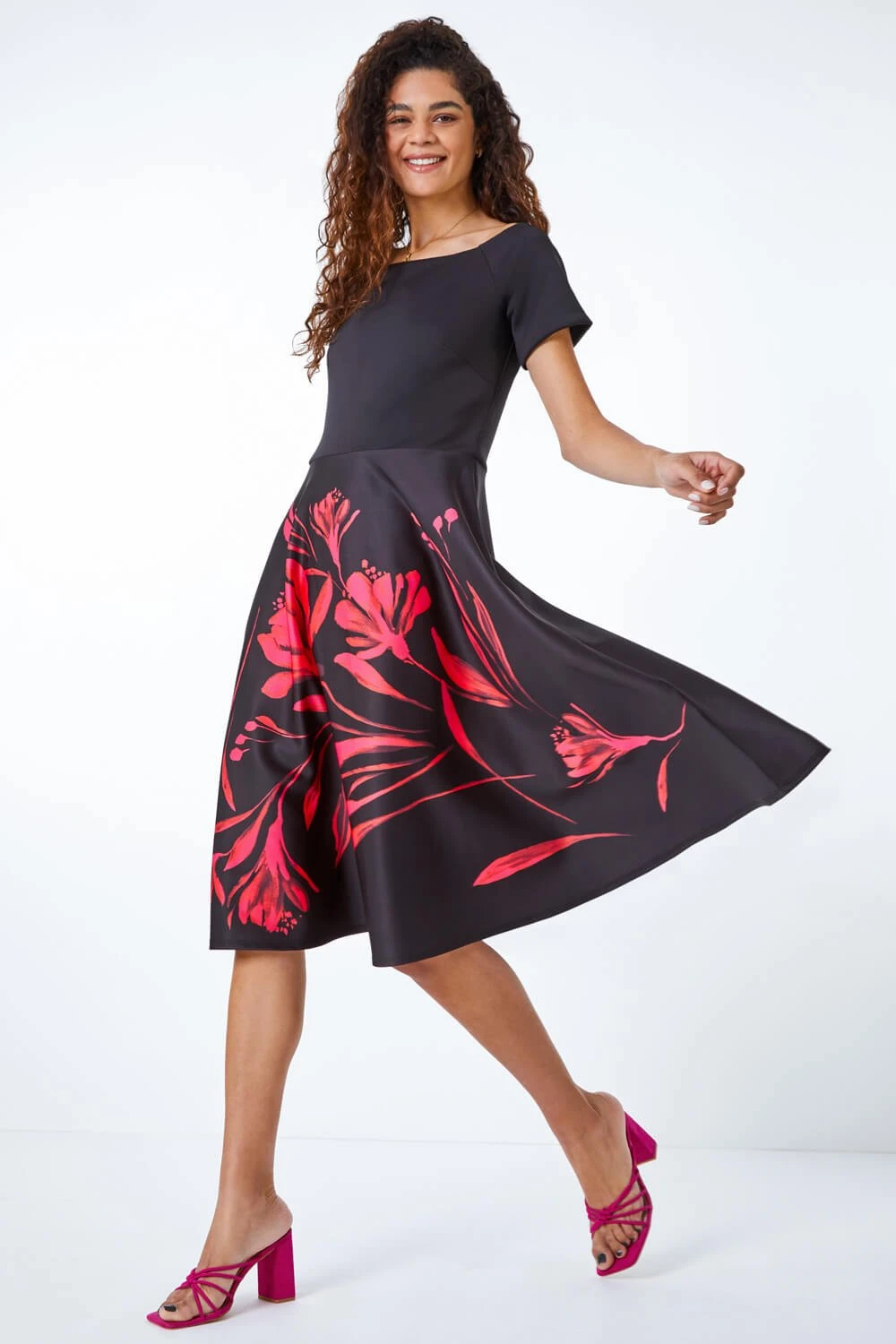 Black Floral Fit & Flare Bardot Dress 4 Black Floral Fit & Flare Bardot Dress - Image 2
