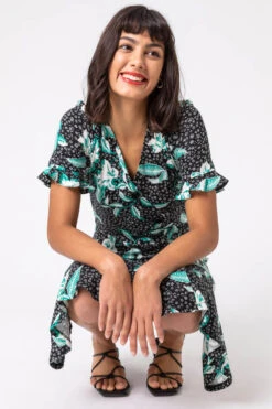 Black Floral Side Button Tea Dress