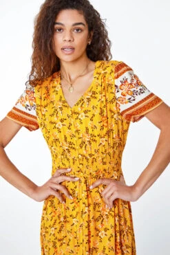 Yellow Floral Print Shirred Waist Maxi Dress -Dress Haven Sales Store a7fe4004 907e 43b5 8e24 88a3d913513b