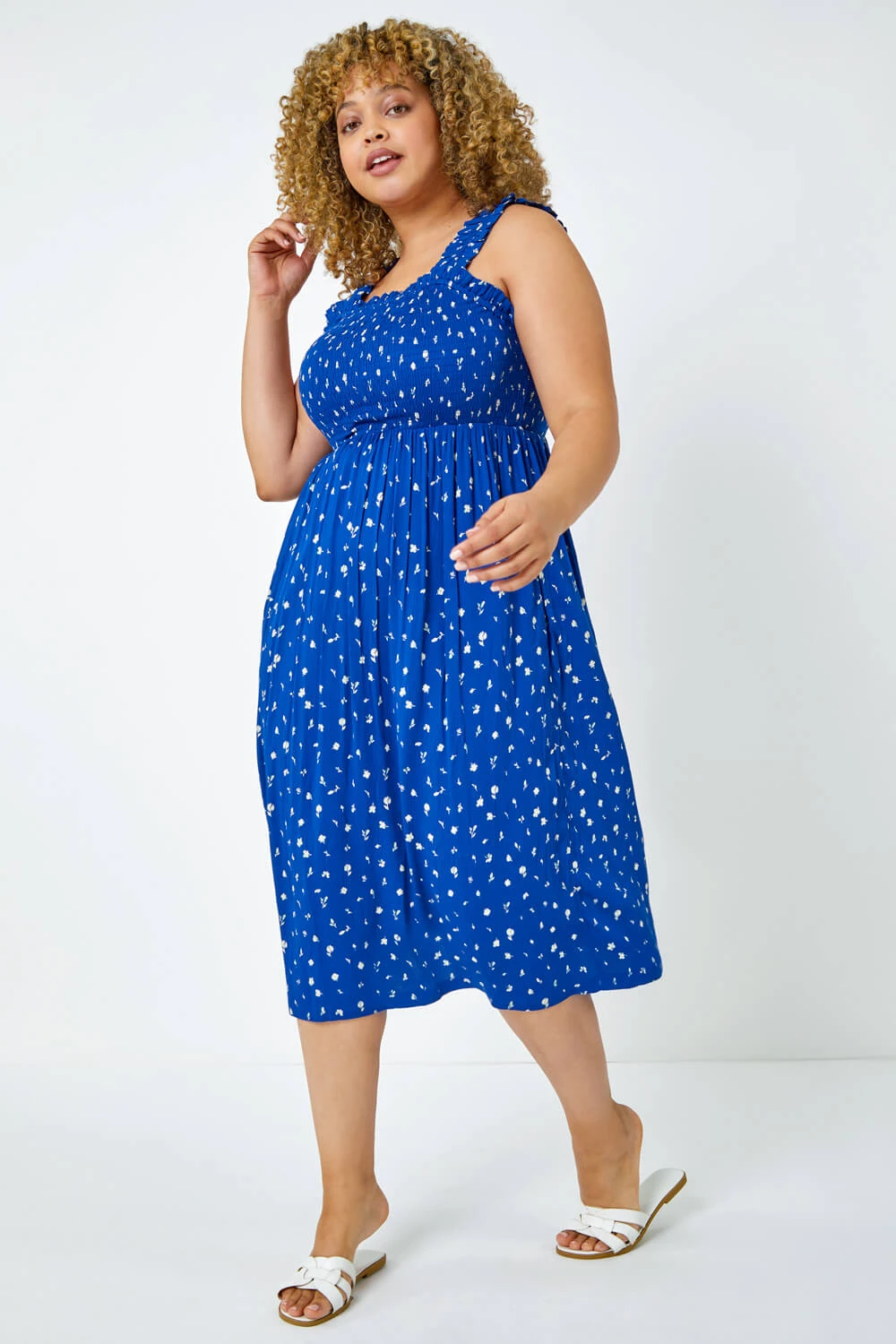 Blue Curve Shirred Frill Detail Midi Dress 6 Blue Curve Shirred Frill Detail Midi Dress - Image 4