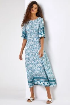 Light Blue Floral Border Print Midi Dress