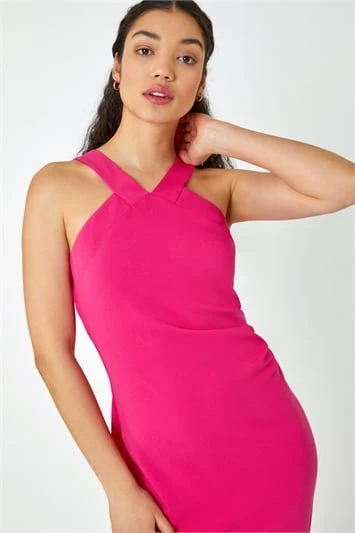 Pink Sleeveless Stretch Lace Midi Dress 3 Pink Sleeveless Stretch Lace Midi Dress