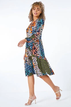 Khaki Petite Tiered Floral Stretch Dress -Dress Haven Sales Store ac9e294a 7821 45d2 9a60 d3b3c5a6b70c