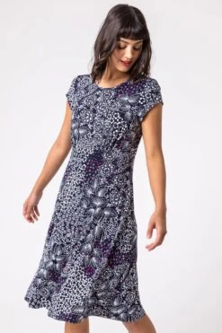 Navy Ditsy Floral Print Jersey Dress