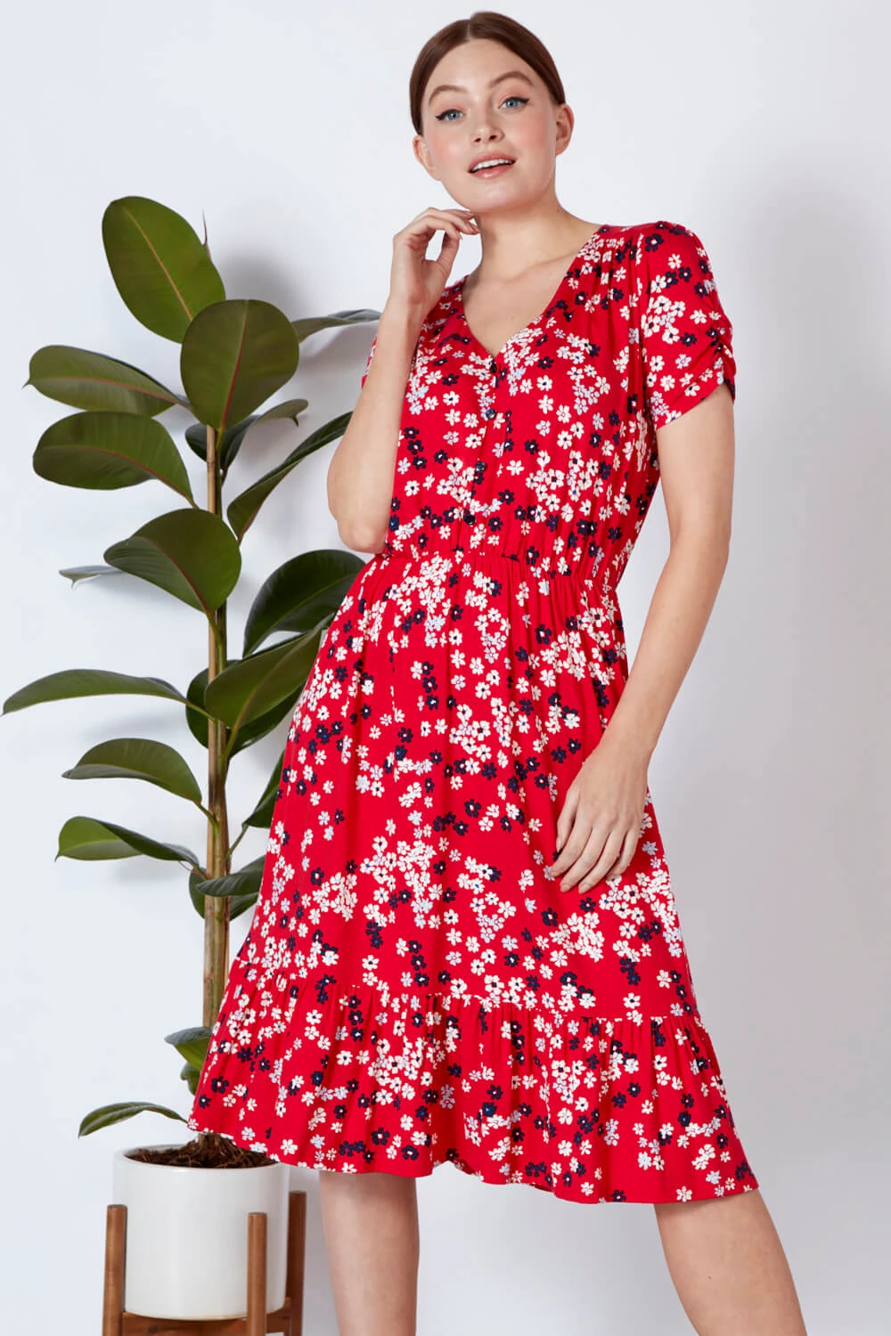 Red Floral Print Tiered Midi Dress 3 Red Floral Print Tiered Midi Dress