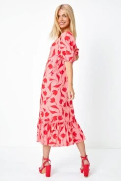 Pink Floral Print Frill Hem Midi Dress -Dress Haven Sales Store b7032ae6 274d 4e4f 8cf2 dde750e21897