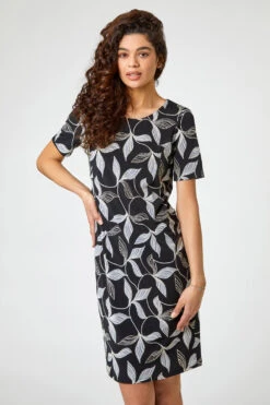 Grey Floral Puff Print Shift Dress
