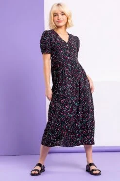 Black Ditsy Spot Print Button Down Dress