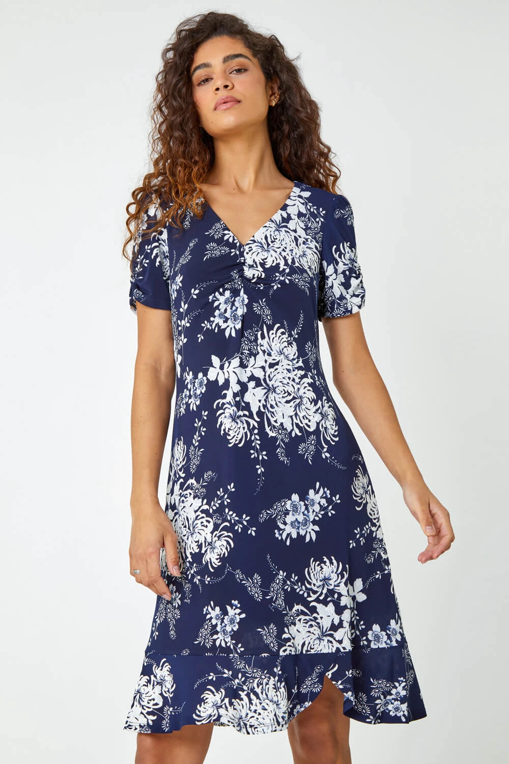 Navy Floral Print Frill Hem Dress 4 Navy Floral Print Frill Hem Dress - Image 2