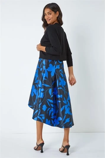 Royal Blue Floral Print Dipped Hem Jacquard Dress 5 Royal Blue Floral Print Dipped Hem Jacquard Dress - Image 3