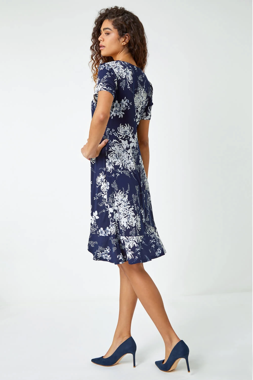 Navy Floral Print Frill Hem Dress 5 Navy Floral Print Frill Hem Dress - Image 3