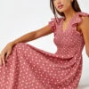Pink Frill Sleeve Spot Shirred Midi Dress