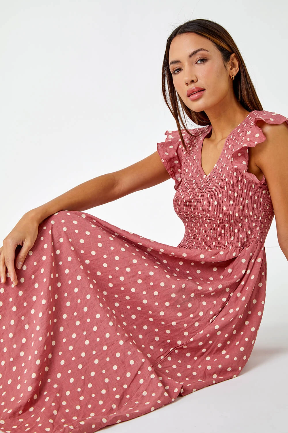 Pink Frill Sleeve Spot Shirred Midi Dress 3 Pink Frill Sleeve Spot Shirred Midi Dress