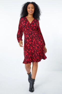 Burgundy Petite Animal Stretch Wrap Dress