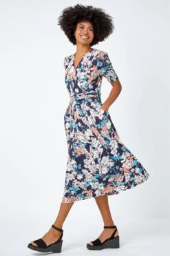 Teal Floral Print Ruched Waist Wrap Dress -Dress Haven Sales Store d2320b52 87bc 40a3 bd82 ce10b4b80b06
