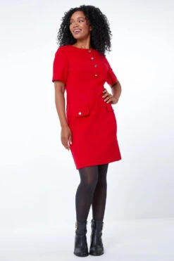 Red Petite Button Detail Shift Dress