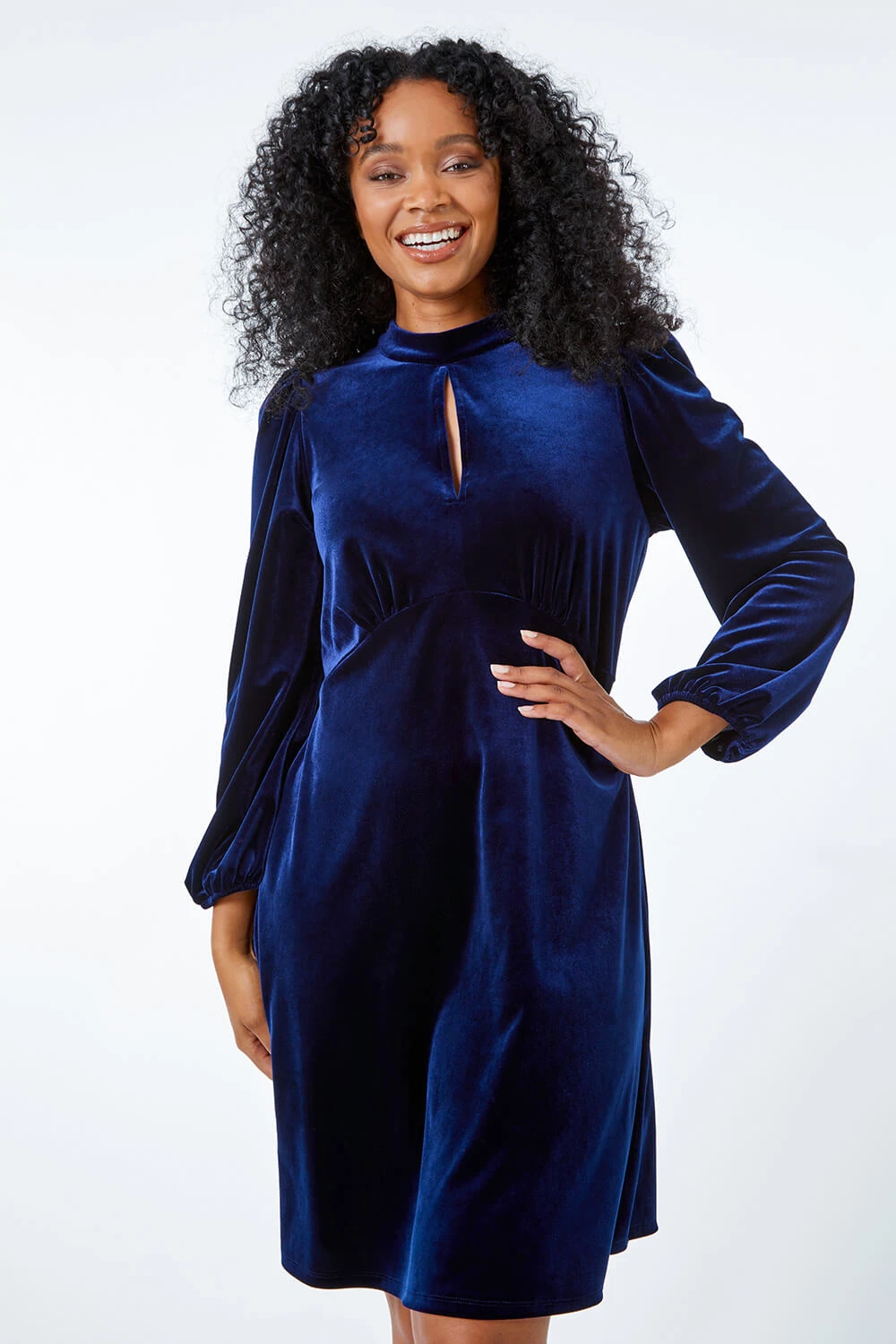 Midnight Blue Petite Keyhole Stretch Velvet Dress 4 Midnight Blue Petite Keyhole Stretch Velvet Dress - Image 2