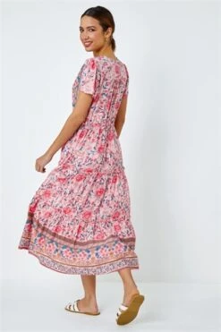 Light Pink Floral Border Shirred Waist Maxi Dress