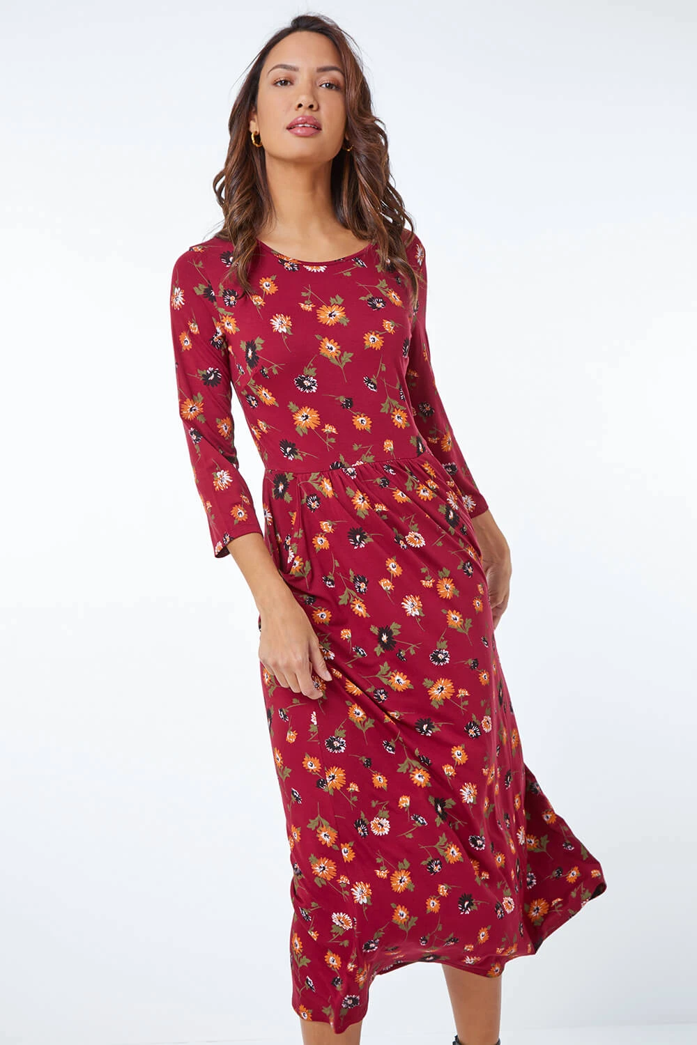 Rust Floral Print Pocket Detail Midi Dress 4 Rust Floral Print Pocket Detail Midi Dress - Image 2