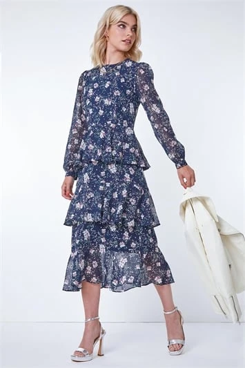 Navy Floral Print Frill Detail Midi Dress 3 Navy Floral Print Frill Detail Midi Dress