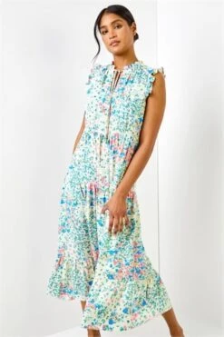 Ivory Floral Print Shirred Stretch Maxi Dress -Dress Haven Sales Store df983b88 7065 480e 8adf a51484d9f77e