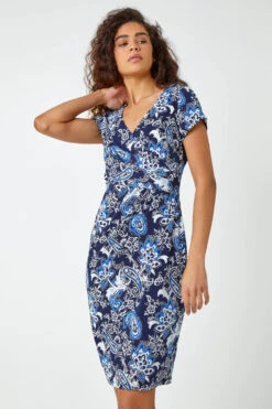 Navy Textured Paisley Print Wrap Dress