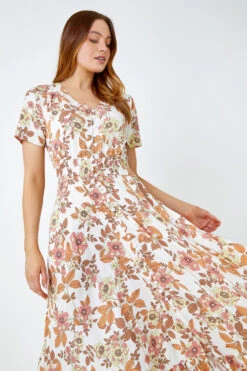 Coral Floral Print Button Detail Maxi Dress